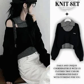 카라단추니트나시+패치오프숄더크롭니트세트(2color)